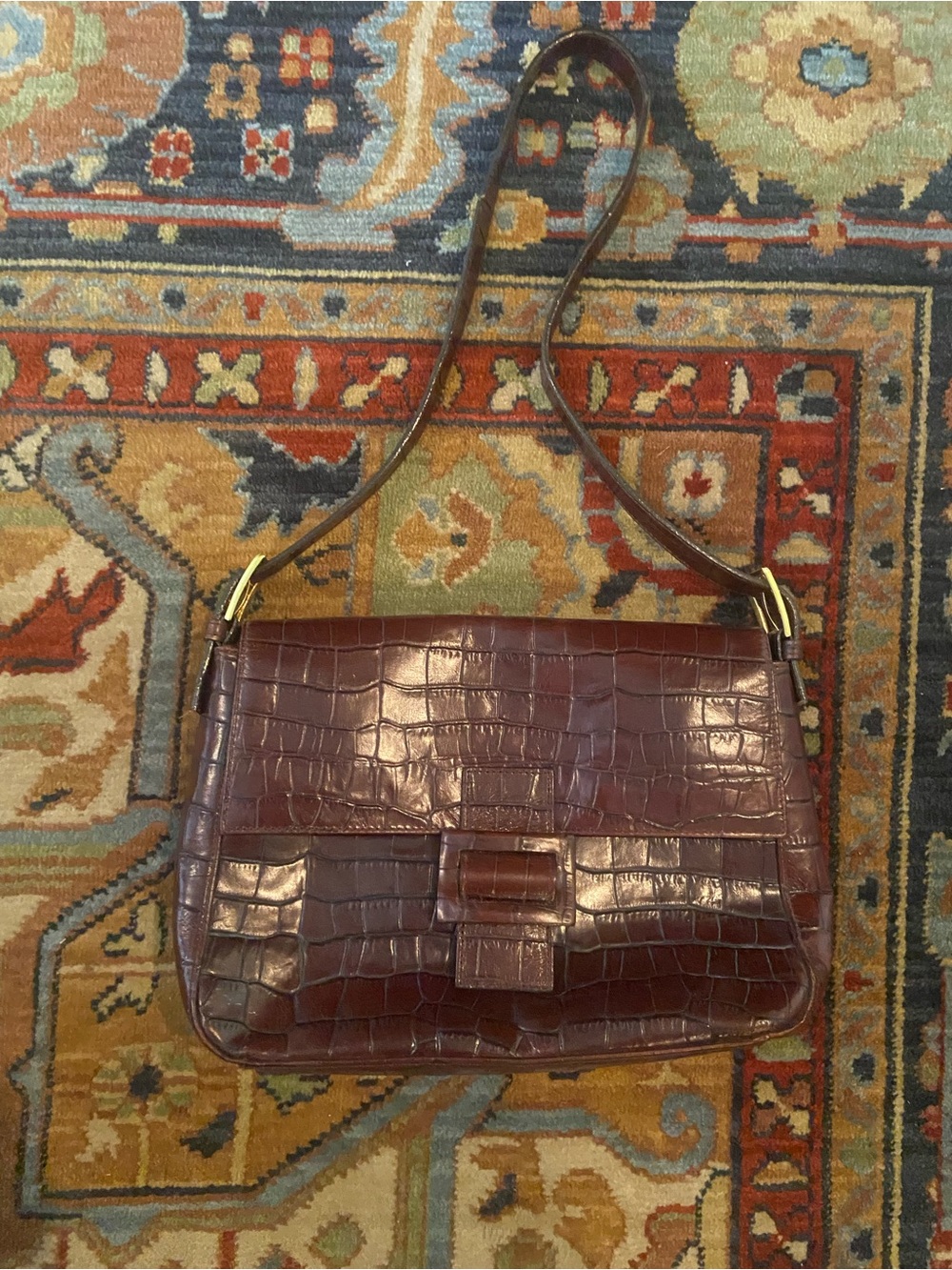 Classic Croc-Embossed Shoulder Bag in Brown